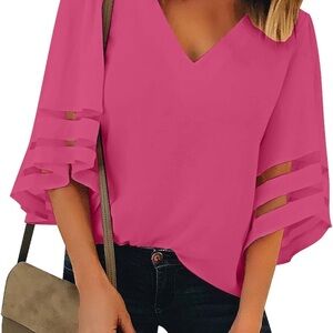 Amazon Pink Bell Sleeve Blouse with Cut Out Details EUC